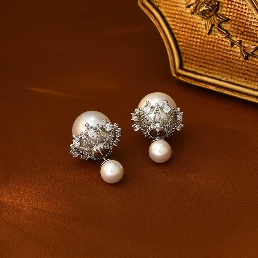 1 Pair Glam Luxurious French Style Flower Inlay Copper Freshwater Pearl Zircon 18K Gold Plated Ear Studs