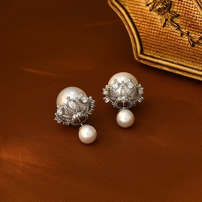 1 Pair Glam Luxurious French Style Flower Inlay Copper Freshwater Pearl Zircon 18K Gold Plated Ear Studs
