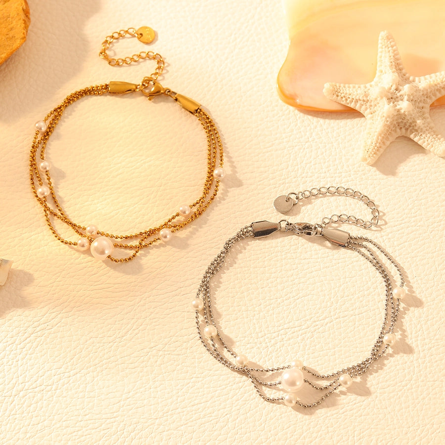 Elegant Round Titanium Steel 18K Gold Plated Beaded Chain Bracelets In Bulk