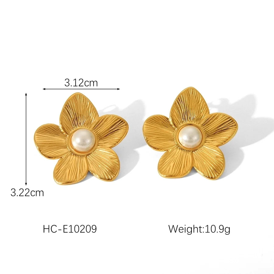 1 Pair IG Style Flower Plating Inlay 304 Stainless Steel Pearl 18K Gold Plated Ear Studs