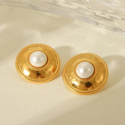 1 Pair IG Style Round Plating Inlay 304 Stainless Steel Pearl 18K Gold Plated Ear Studs