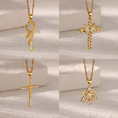 Copper Water wave chain 18K Gold Plated Geometric Cross Eye Zirconia Pendant Necklace