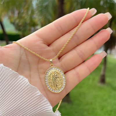 Multi-Style Copper Plating 18K Gold Inlaid Zircon Artificial Pearl Drop Oil Saint Jude round Pendant Necklace Fashion Noble Suitable for Mother's Day Valentine's Day Gift