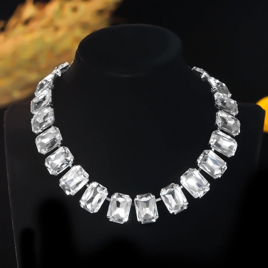 Copper Tennis Chain Inlay Rectangle Rhinestones Pendant Necklace