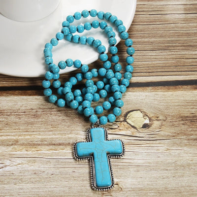 Bohemian Cross natural stone Beaded Chain Pendant Necklace In Bulk