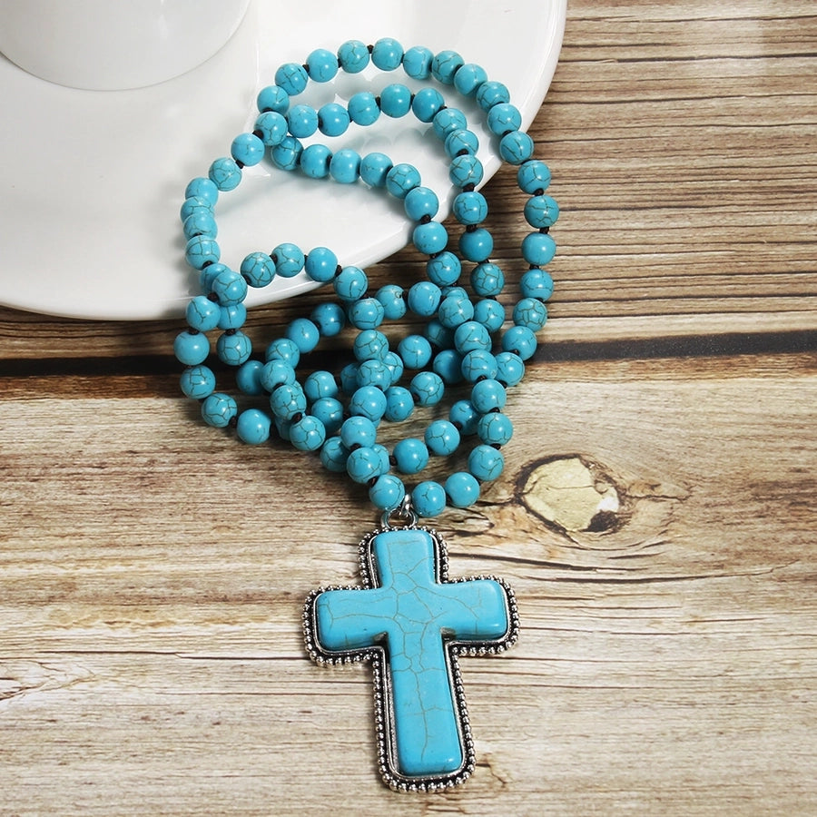 Bohemian Cross natural stone Beaded Chain Pendant Necklace In Bulk