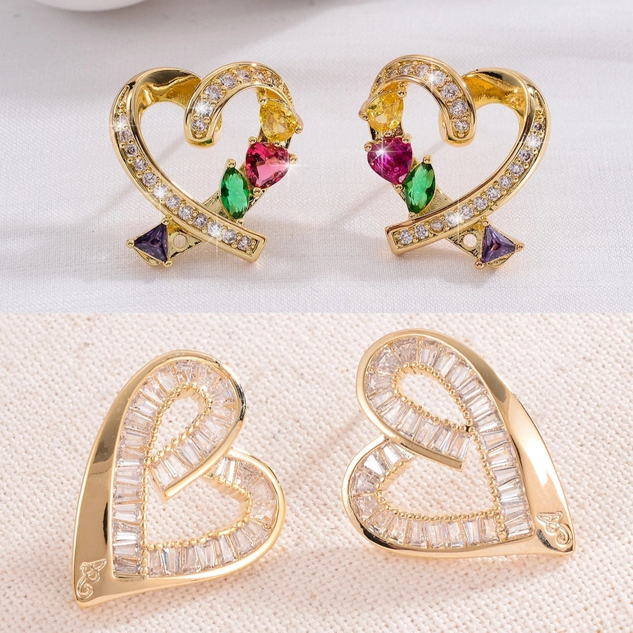 1 Pair Romantic Shiny Heart Shape Inlay Copper Zircon 18K Gold Plated Ear Studs