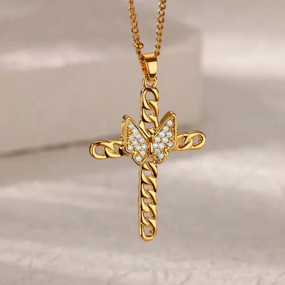 Copper Water wave chain 18K Gold Plated Geometric Cross Eye Zirconia Pendant Necklace
