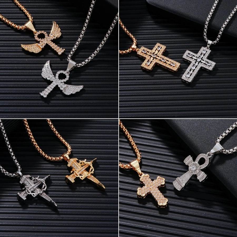 Hip-Hop Rock Shiny Cross Wings 304 Stainless Steel Copper Zircon K Gold Plated Rhodium Plated Unisex Pendant Necklace