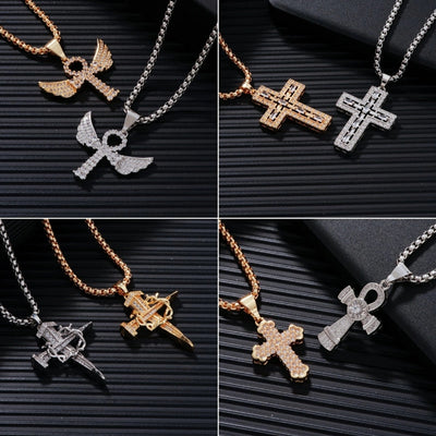 Hip-Hop Rock Shiny Cross Wings 304 Stainless Steel Copper Zircon K Gold Plated Rhodium Plated Unisex Pendant Necklace
