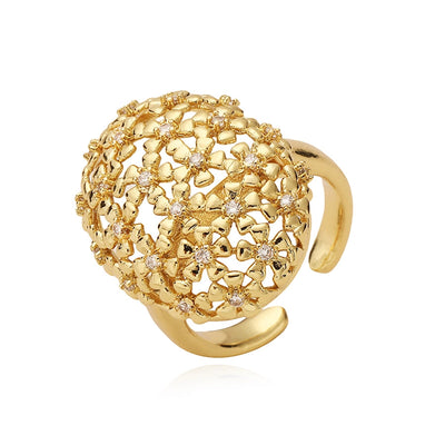 Jewelry Casual Elegant Flower Copper Zircon 18K Gold Plated Plating Hollow Out Inlay Open Rings