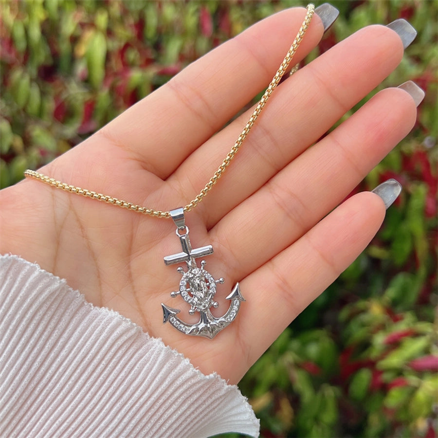 Copper 18K Gold Plated Inlay Anchor Zircon Pendant Necklace