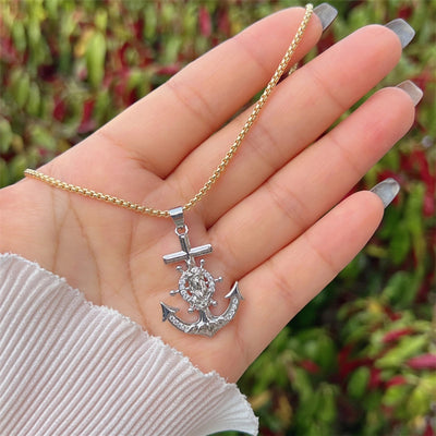 Copper 18K Gold Plated Inlay Anchor Zircon Pendant Necklace