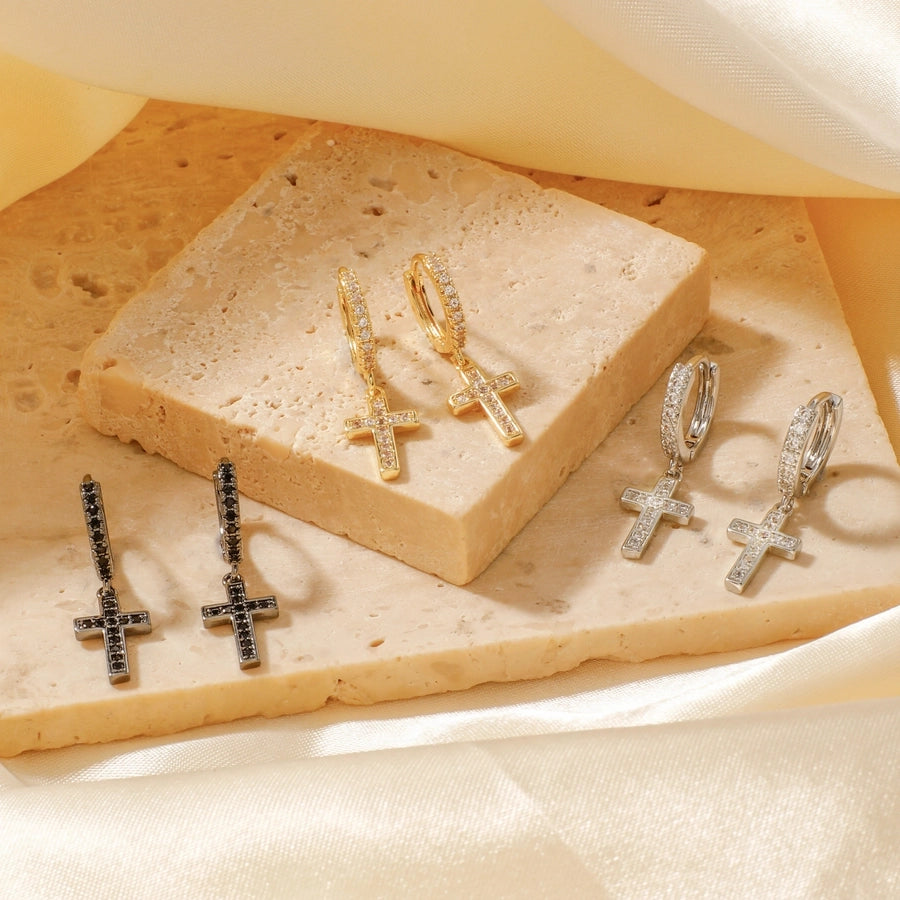 1 Pair Elegant Streetwear Shiny Cross Inlay Copper Zircon K Gold Plated Rhodium Plated Earrings