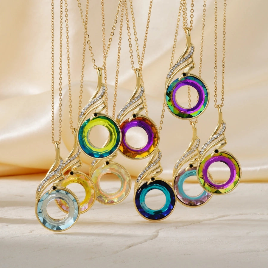 304 Stainless Steel Copper K Gold Plated Inlay Phoenix Round Crystal Zircon Pendant Necklace