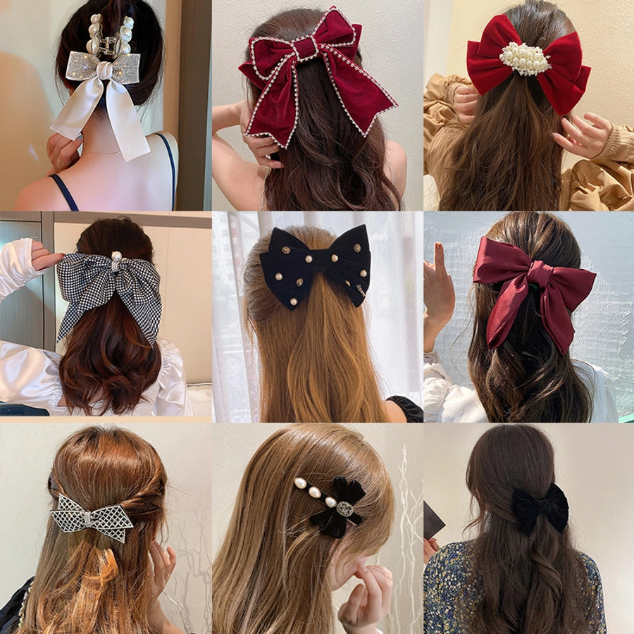 sweet bow knot cloth inlay artificial pearls rhinestones zircon hair clip