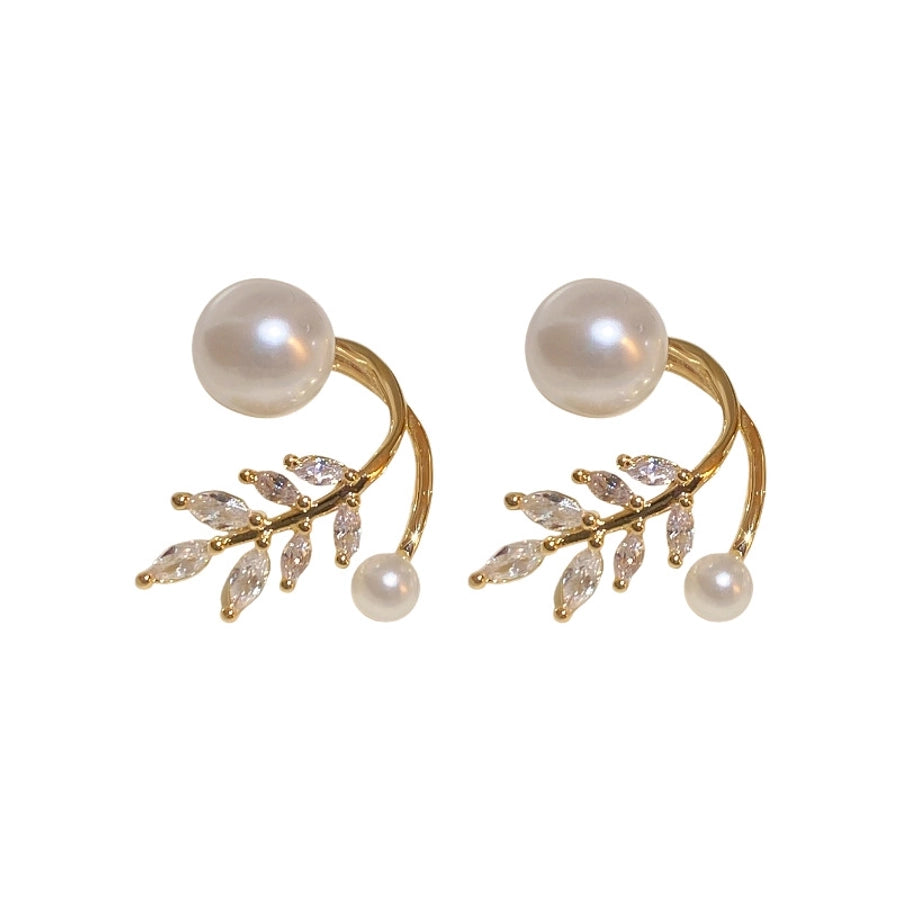 1 Pair Casual Simple Style Streetwear Leaf Plating Copper Artificial Pearls Zircon Earrings