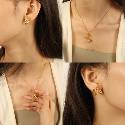 Jewelry IG Style Elegant French Style Star 304 Stainless Steel Artificial Pearls 18K Gold Plated Polishing Plating Inlay Jewelry Set