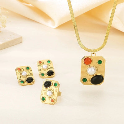Jewelry Elegant Vintage Style Streetwear Square 304 Stainless Steel Artificial Gemstones Turquoise Pearl 18K Gold Plated Inlay Jewelry Set