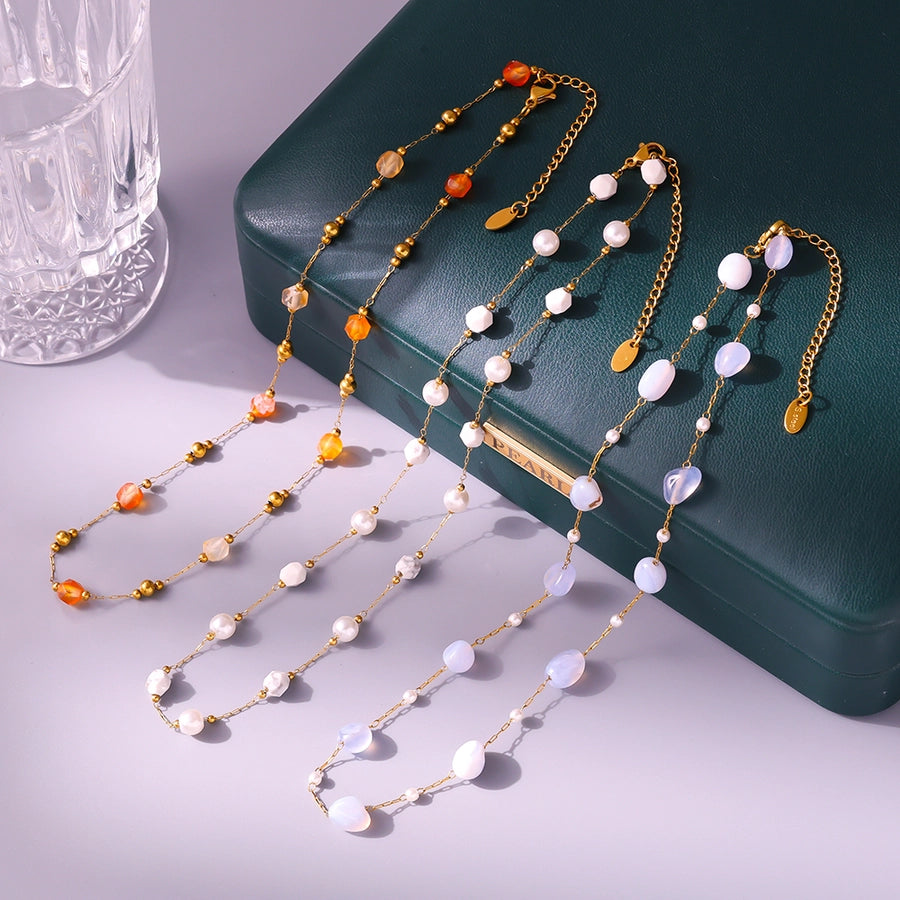 Europe and America  Fashion Natural Stone Golden Balls Beaded Necklace Temperamental Bracelet Stainless Steel Handmade Chain Jewelry Suit