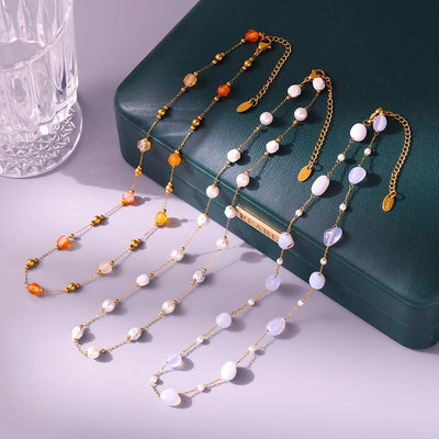 Europe and America  Fashion Natural Stone Golden Balls Beaded Necklace Temperamental Bracelet Stainless Steel Handmade Chain Jewelry Suit