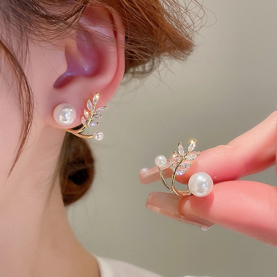 1 Pair Casual Simple Style Streetwear Leaf Plating Copper Artificial Pearls Zircon Earrings