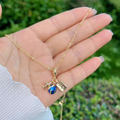 Copper 18K Gold Plated Inlay Sunflower Heart Shape Airplane Zircon Pendant Necklace