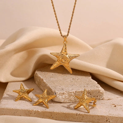 Jewelry Retro Starfish Titanium Steel 18K Gold Plated Plating Rings Earrings Necklace