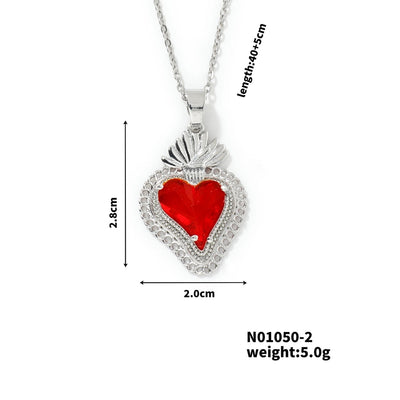 304 Stainless Steel Copper K Gold Plated Three-dimensional Inlay Heart Shape Strawberry Glass Pendant Necklace