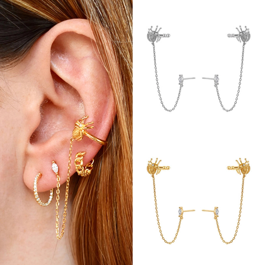 1 Pair Halloween IG Style Spider Chain Inlay Copper Zircon Gold Plated Ear Studs