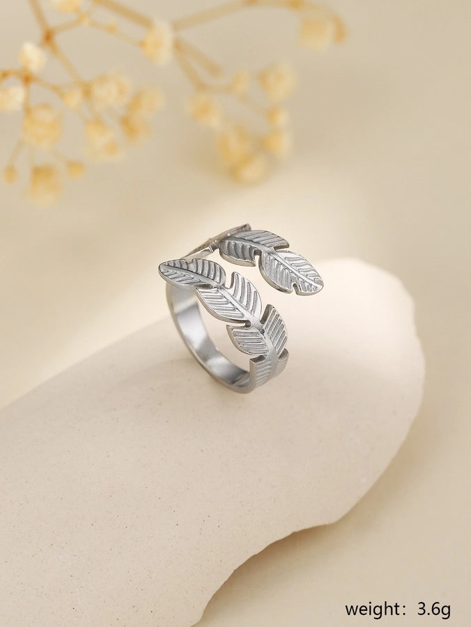 Jewelry Elegant Leaves Feather 304 Stainless Steel Open Rings