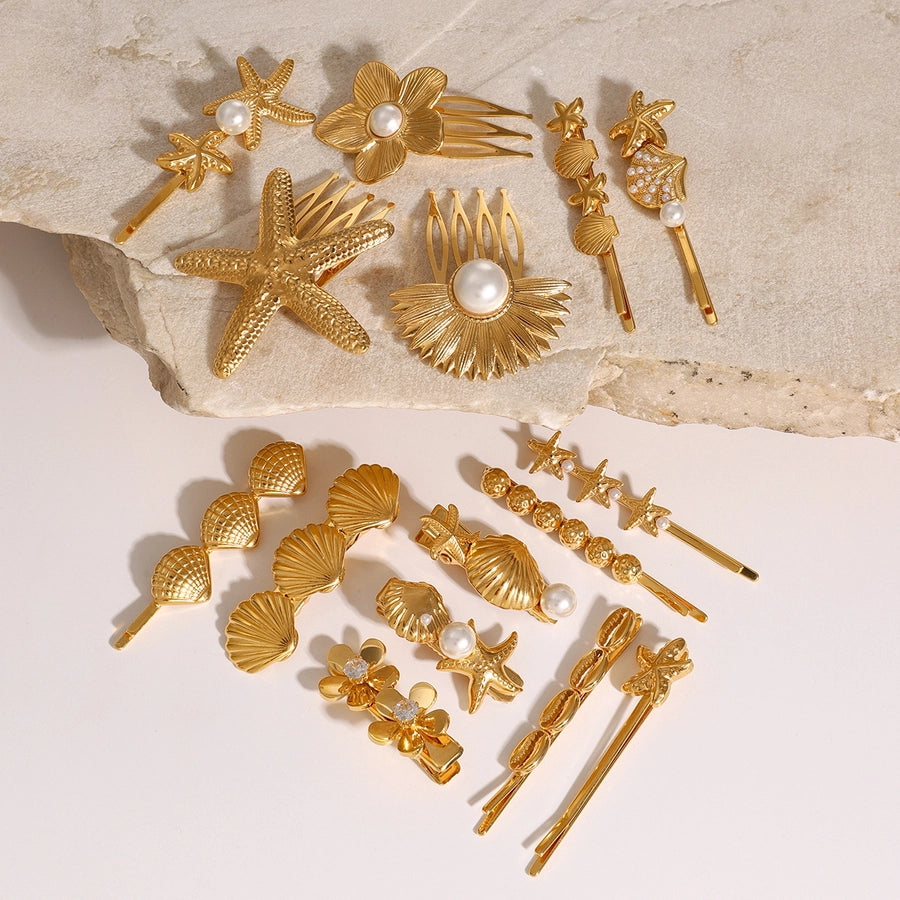 Women's IG Style Marine Style Starfish Flower Shell 304 Stainless Steel Inlay Pearl Hair Clip Insert comb