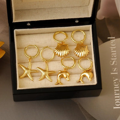 1 Pair Marine Style Scallop Starfish Dolphin Polishing Epoxy 304 Stainless Steel 18K Gold Plated Hoop Earrings Drop Earrings