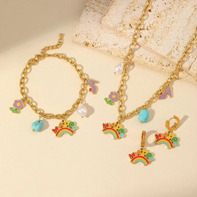Jewelry Cute Sweet Letter Rainbow Flower 304 Stainless Steel Imitation Pearl Turquoise 18K Gold Plated Enamel Plating Inlay Multi Charms Bracelet Multi Charms Necklace Earrings