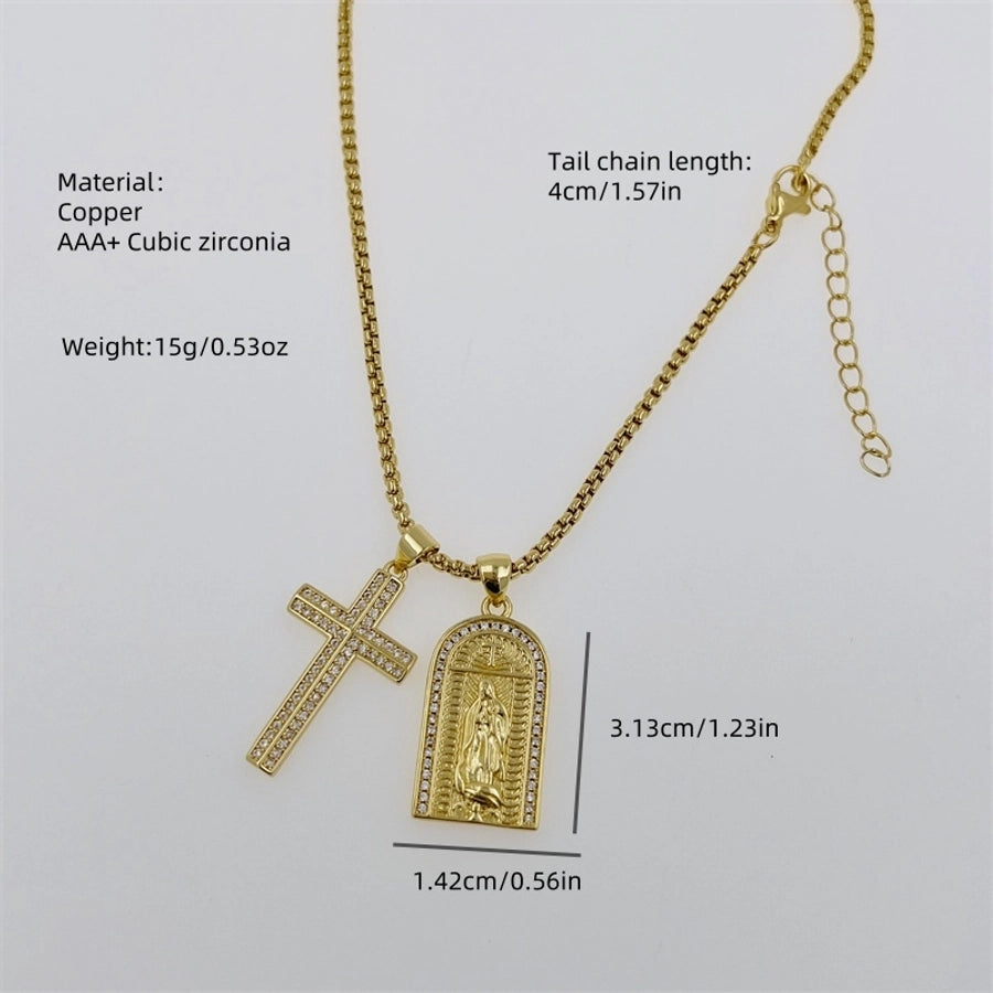 Copper 18K Gold Plated Inlay Portrait Cross Zircon Pendant Necklace