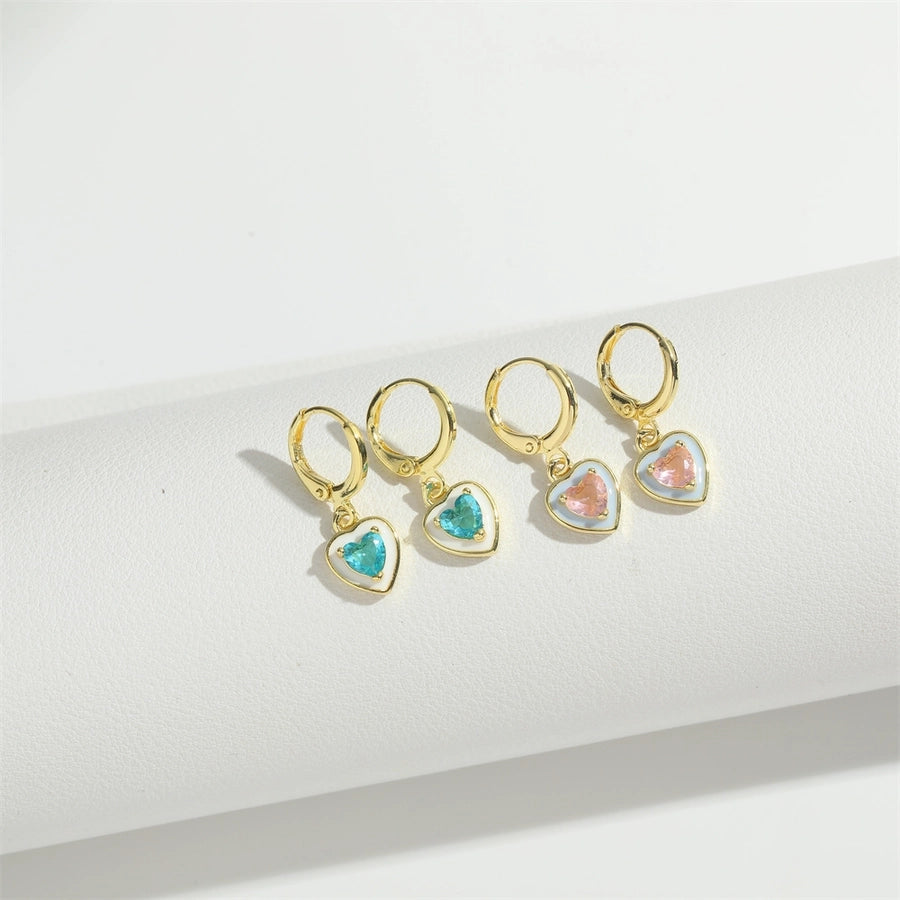 1 Pair Elegant Simple Style Commute Four Leaf Clover Heart Shape Enamel Inlay Copper Zircon 14K Gold Plated Drop Earrings