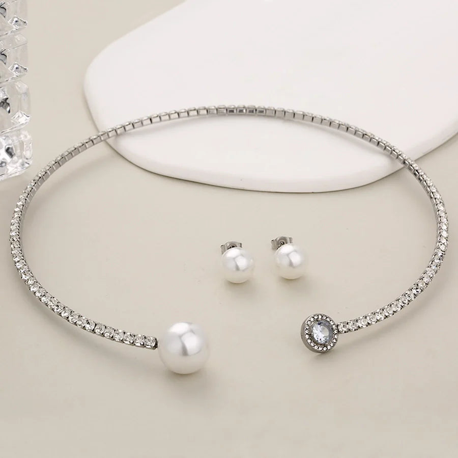 Jewelry Glam Luxurious Shiny Circle Square Heart Shape 304 Stainless Steel Imitation Pearl Rhinestone Jewelry Set