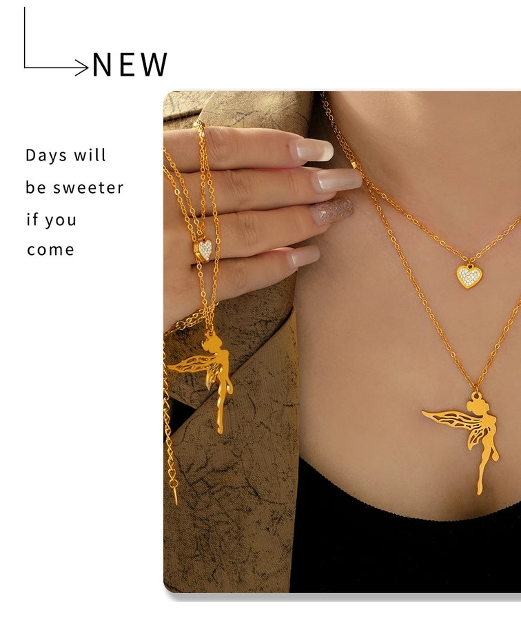 Jewelry Sweet Korean Style Angel Heart Shape 304 Stainless Steel Rhinestones 18K Gold Plated Layered Plating Inlay Double Layer Necklaces Pendant Necklace