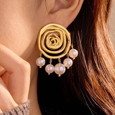 1 Pair IG Style Spiral Stripe Pearl Plating 304 Stainless Steel 18K Gold Plated Ear Studs