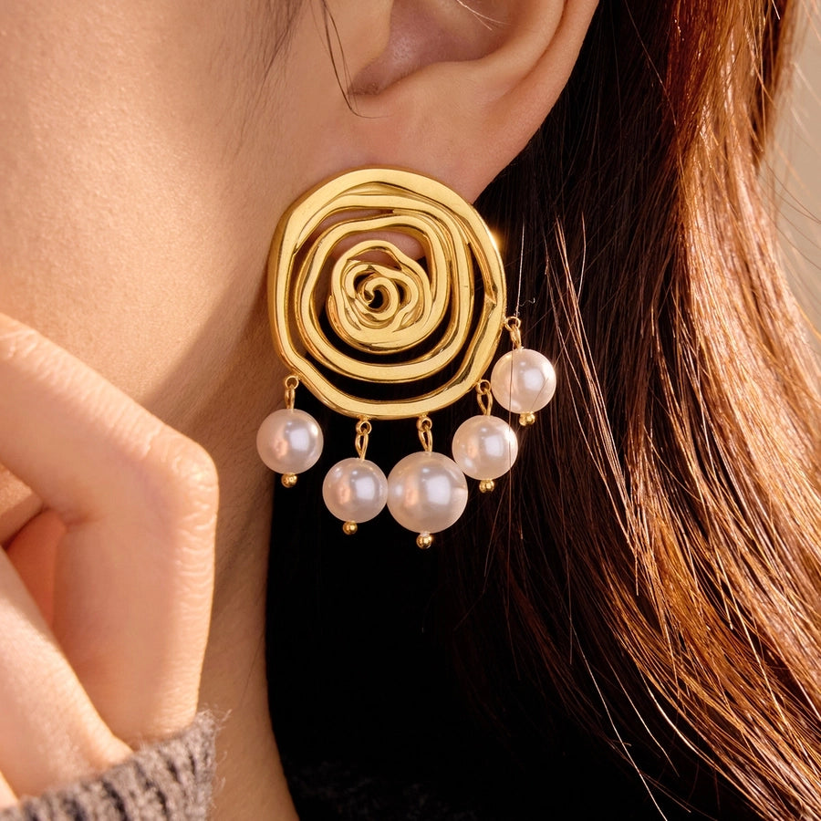 1 Pair IG Style Spiral Stripe Pearl Plating 304 Stainless Steel 18K Gold Plated Ear Studs