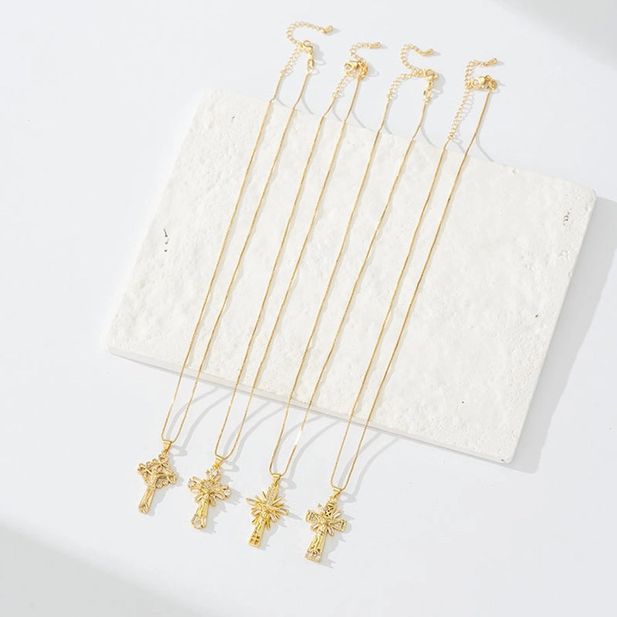 Copper box chain 18K Gold Plated Inlay Carving Cross Zircon Pendant Necklace