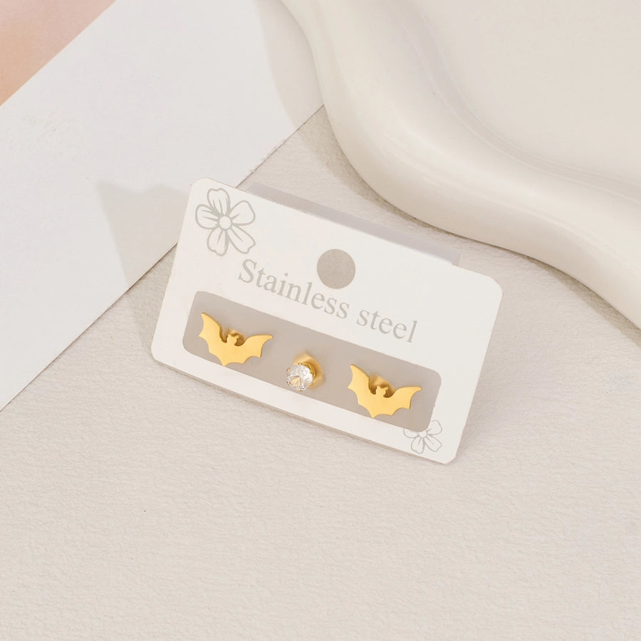 1 Set Halloween Cute Sweet Animal Cat Bat Polishing Inlay 304 Stainless Steel Zircon 18K Gold Plated Ear Studs