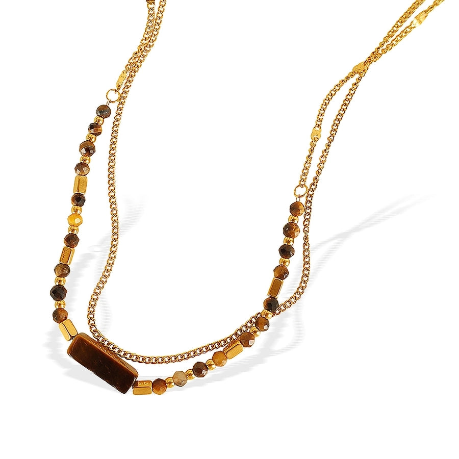Jewelry IG Style Vintage Style Geometric 304 Stainless Steel Tiger Eye 18K Gold Plated Polishing Double Layer Necklaces