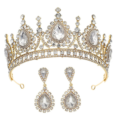 retro water droplets alloy hollow out inlay rhinestones crown earrings