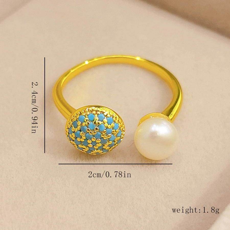 Copper Inlay Round Artificial Pearls Turquoise Copper Rings