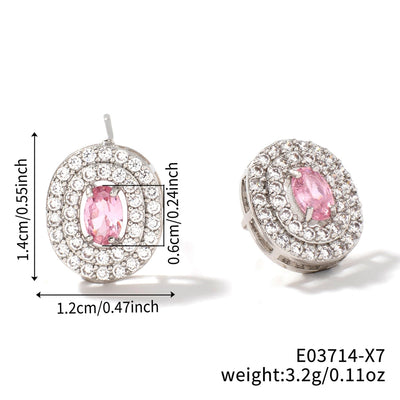 1 Pair Retro Sweet Shiny Oval Inlay Copper Glass Zircon Rhodium Plated Ear Studs