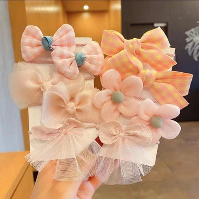 cute plaid flower bow knot cloth inlaid pearls hair tie 1 set