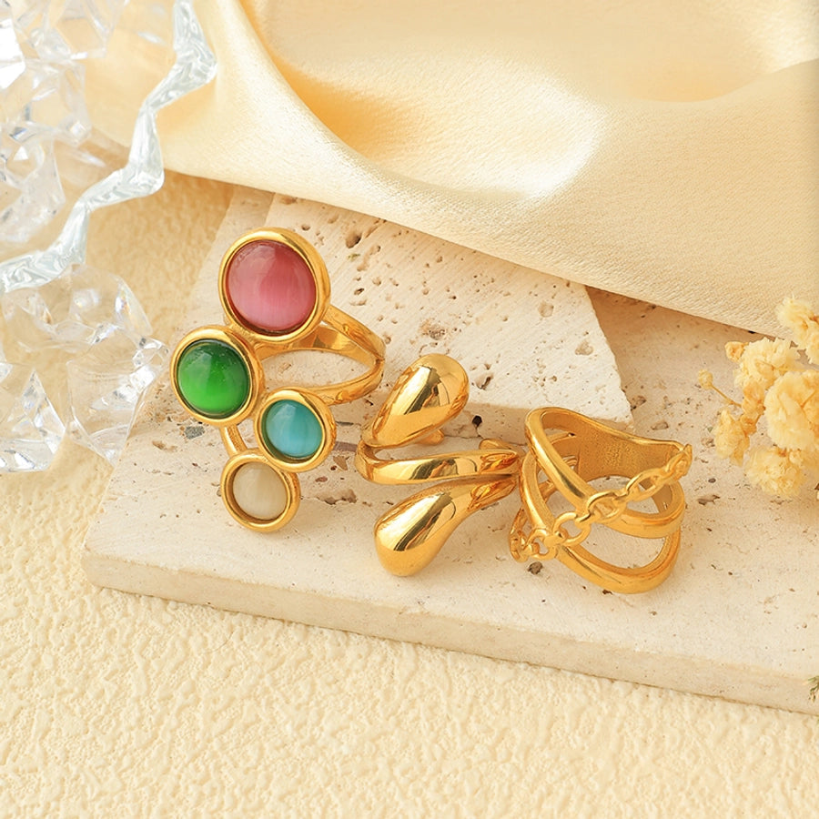 Jewelry Elegant Retro Simple Style Geometric 304 Stainless Steel Natural Stone 14K Gold Plated Inlay Open Rings