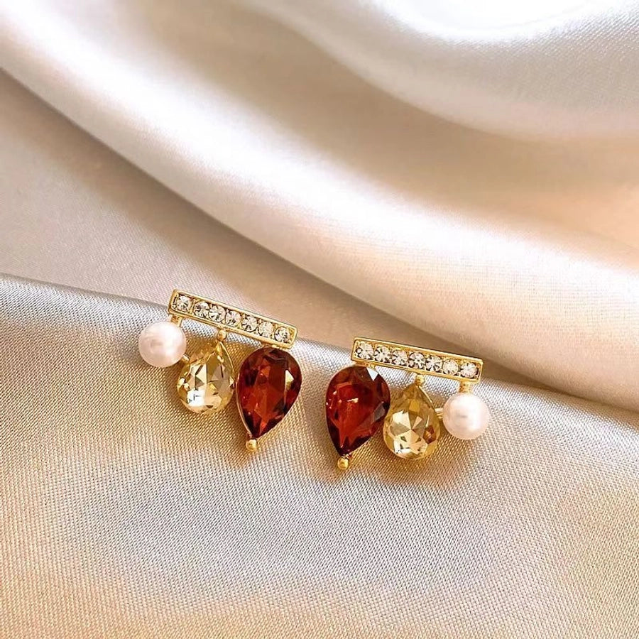 1 Pair Elegant Water Droplets Copper Artificial Gemstones Ear Studs