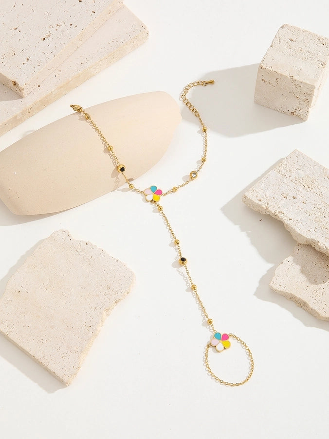 Simple Style Classic Style Petal Butterfly Bow Knot Titanium Steel 18K Gold Plated Rhinestones Bracelets In Bulk